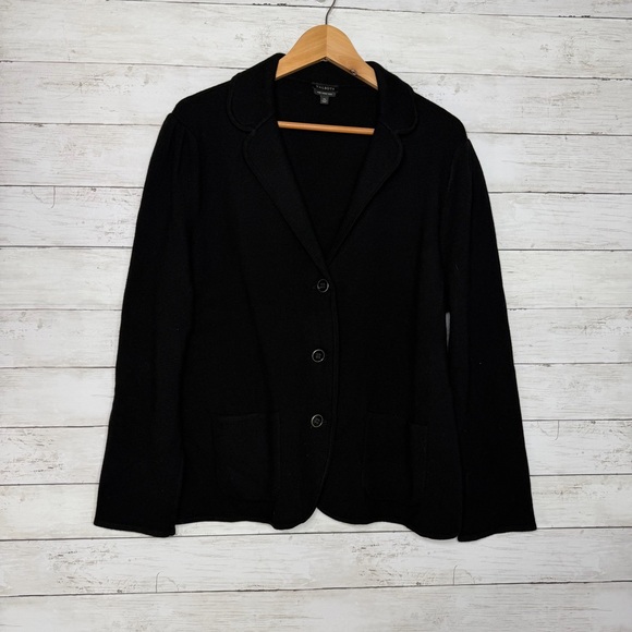 Talbots 100% Pure Merino Wool Sweater Blazer Black Pleated Pin Tuck Shoulder XL - Picture 2 of 6